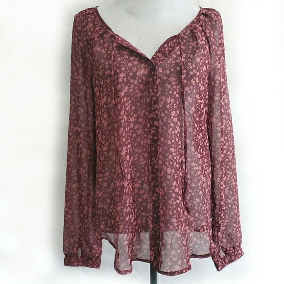 Old Navy Wine/Blush Floral Print Sheer Blouse - Picture 2 of 5